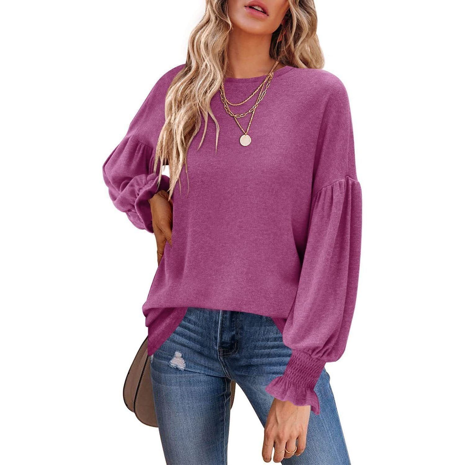 Round Neck Pleated Lantern Sleeve T-shirt for Women, Autumn/Winter.