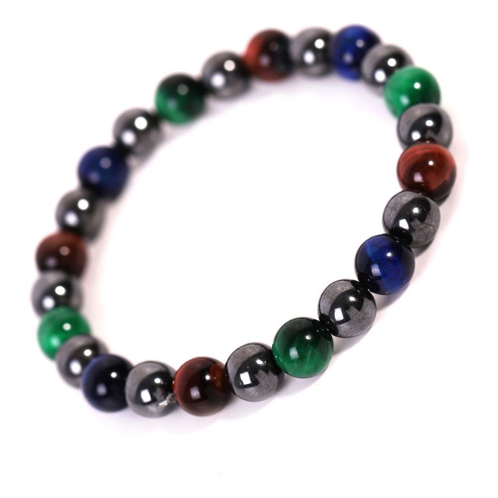 Black Magnet Bright Stone Tricolor Red Green Blue Tigereye Beaded Bracelet - Jointcorp