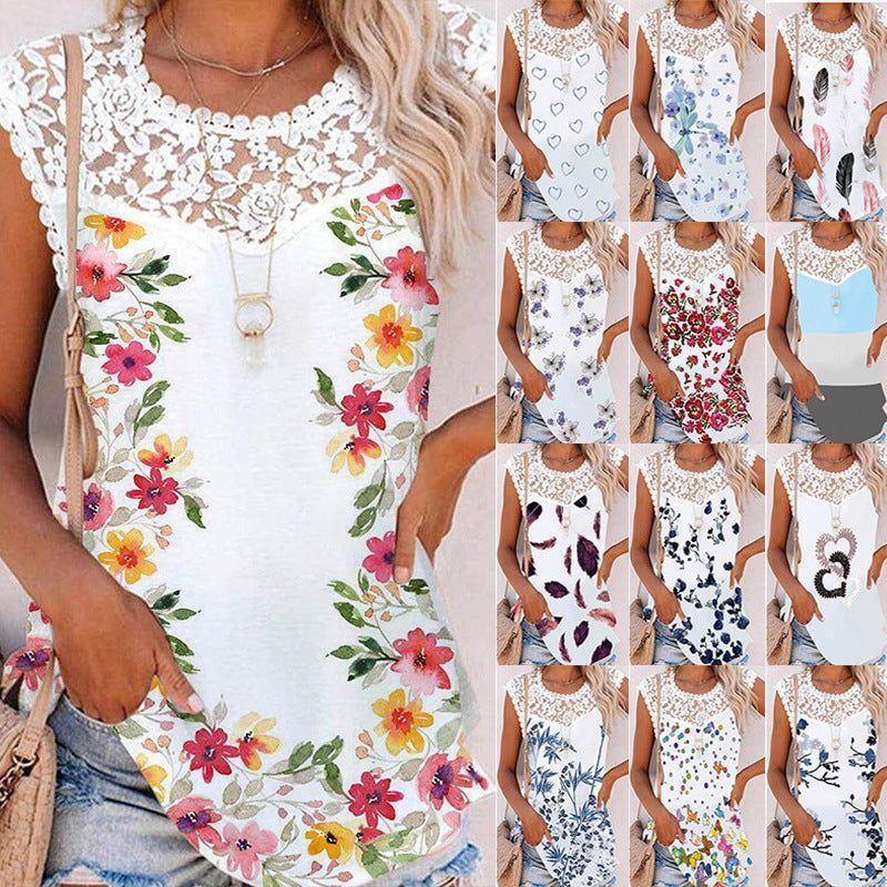 Summer Print Crew Neck Lace Trim Casual Loose Women's Tank Top - Jointcorp