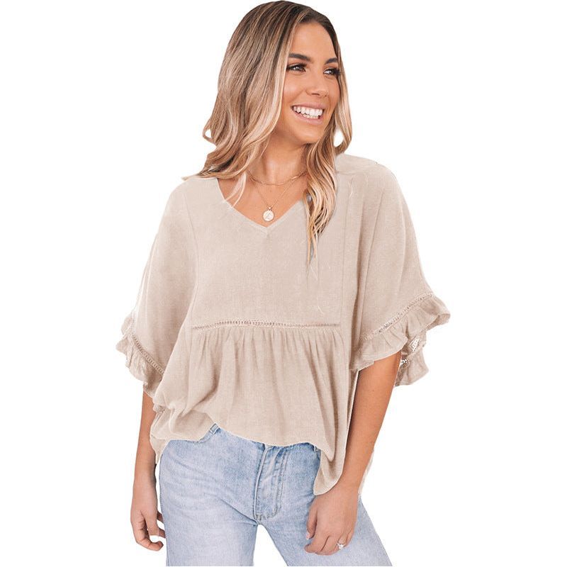 V-neck Ribbon Ruffle Top Women's Short-sleeved Pullover