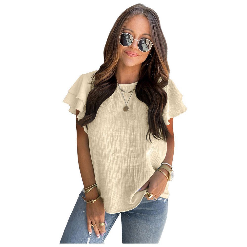 Pink Texture Layered Pleated Short Sleeves Shirt Women's Summer Fashion Loose Pullover