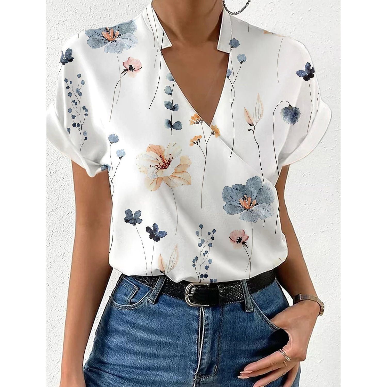 Summer Loose V-neck Stand Collar Printed Shirt