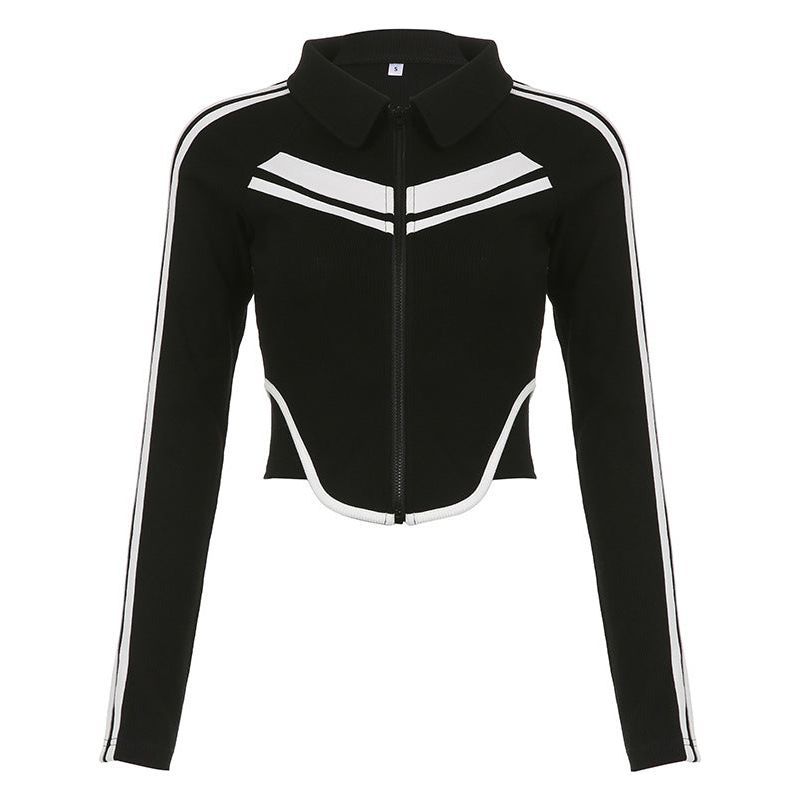 Sweet And Spicy Style Polo Collar Striped Short Stitching Coat Zipper Cardigan Long-sleeve T-shirt