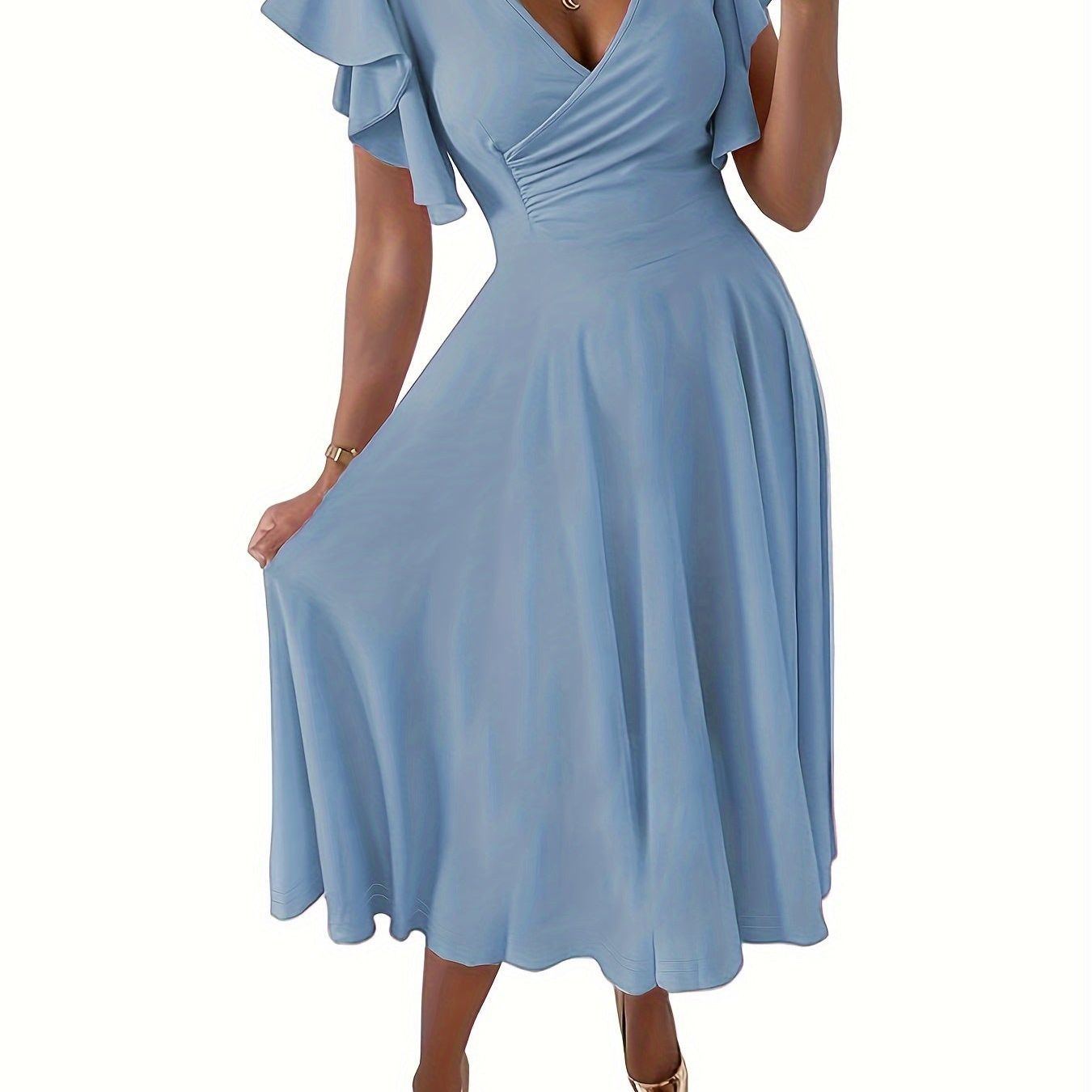 Solid Color Flutter Sleeve Dress, Elegant Surplice Neck A-line Dress, Women's Clothing
