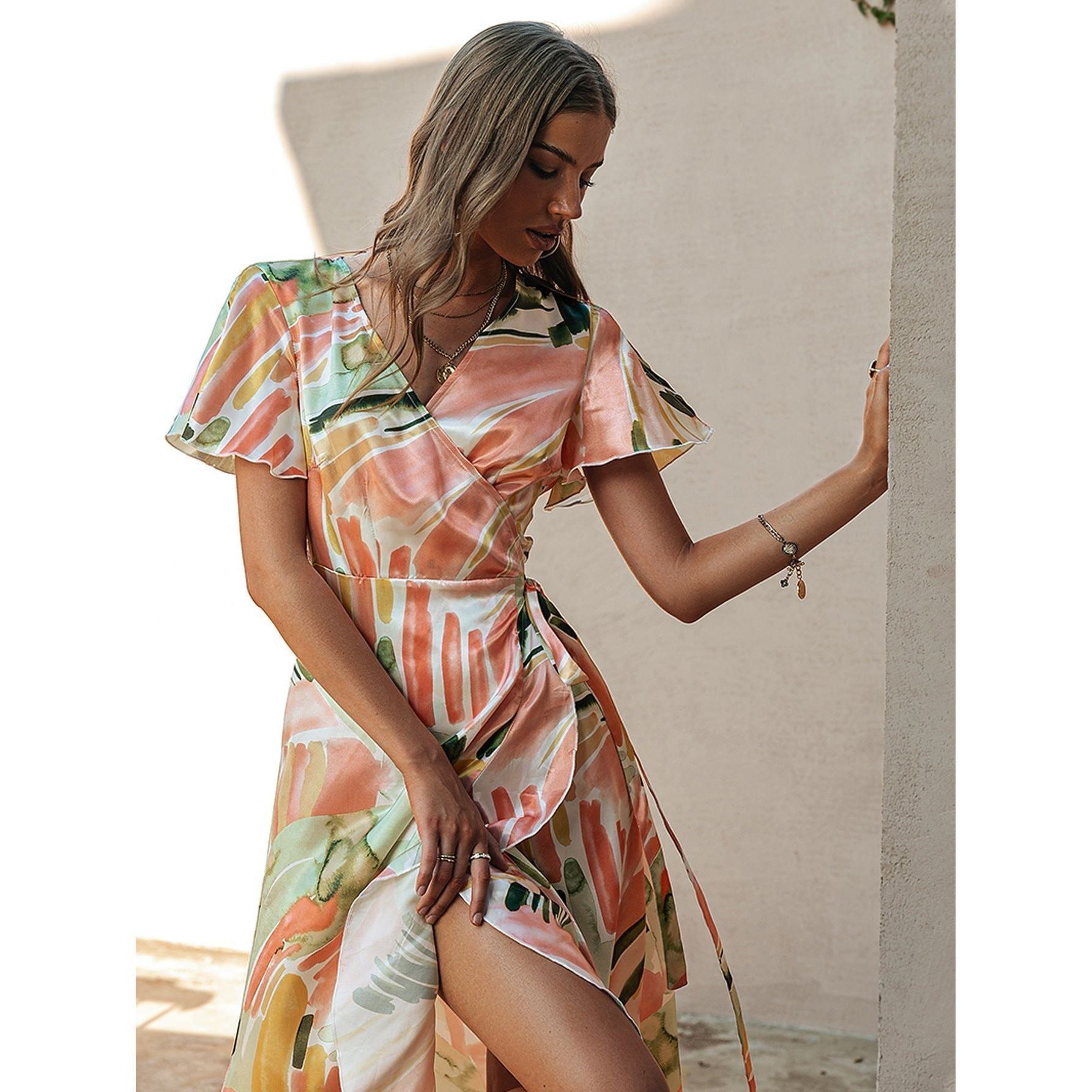 Printed Single Puff Sleeve Mid-waist Cotton Yellow Long Skirt - Jointcorp