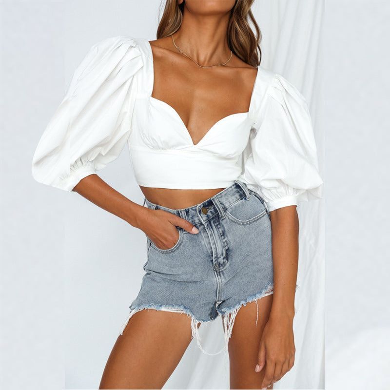French Minority Puff Sleeve Waist-tight Low-cut Off-shoulder T-shirt