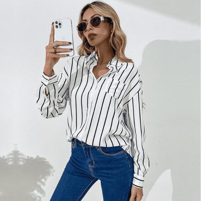Business Wear Women's Loose Lapels White Striped Shirt - Jointcorp