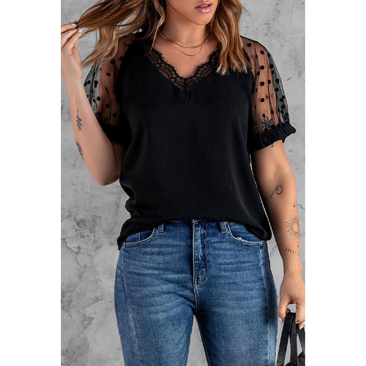 Lace Short Sleeve Top Ladies Slim Fit V-Neck Pullover T-Shirt - Jointcorp