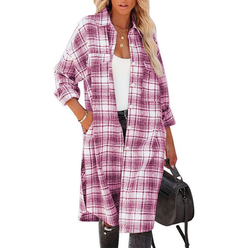 Women's Printed Checks Mid-length Shirt Coat