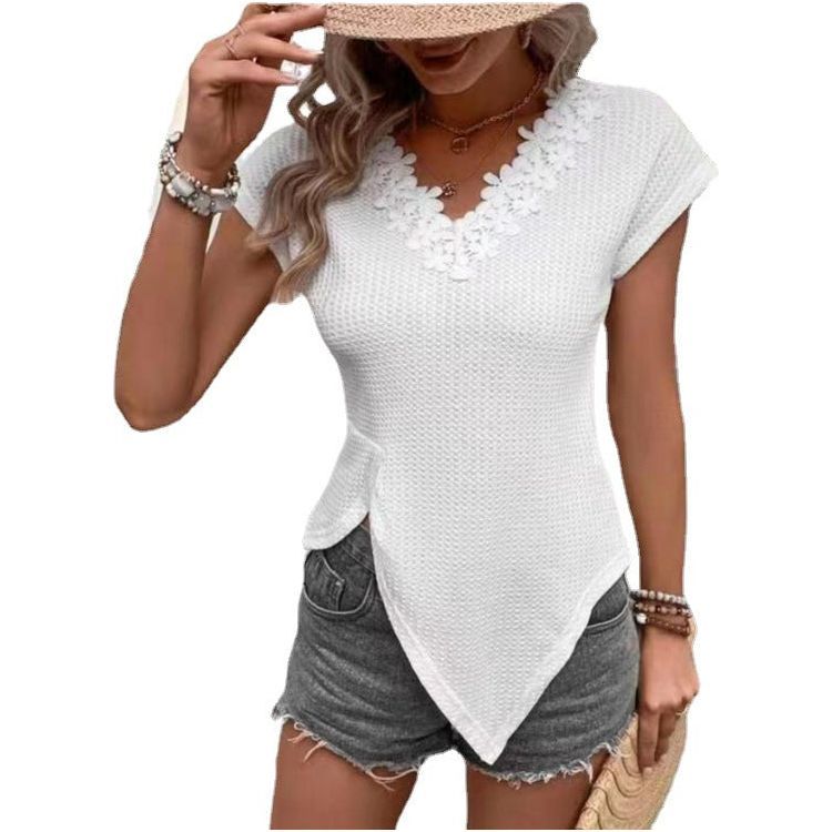 Women's Waffle Irregular Hem Short Sleeve Solid Color T-shirt Top