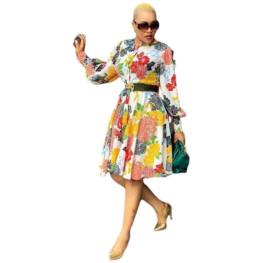 European And American Dresses Mid-length Pullover Long-sleeve Printed Slim Fit - Jointcorp