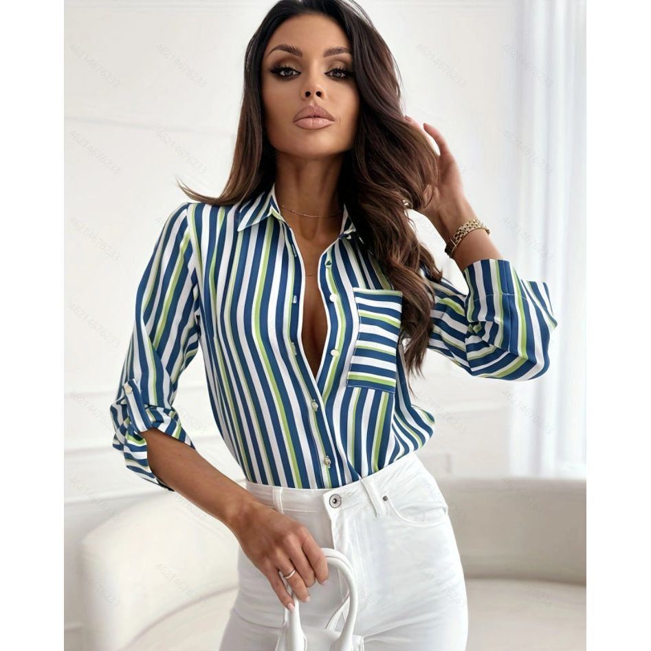 V-neck Pocket Striped Printed Shirt Women