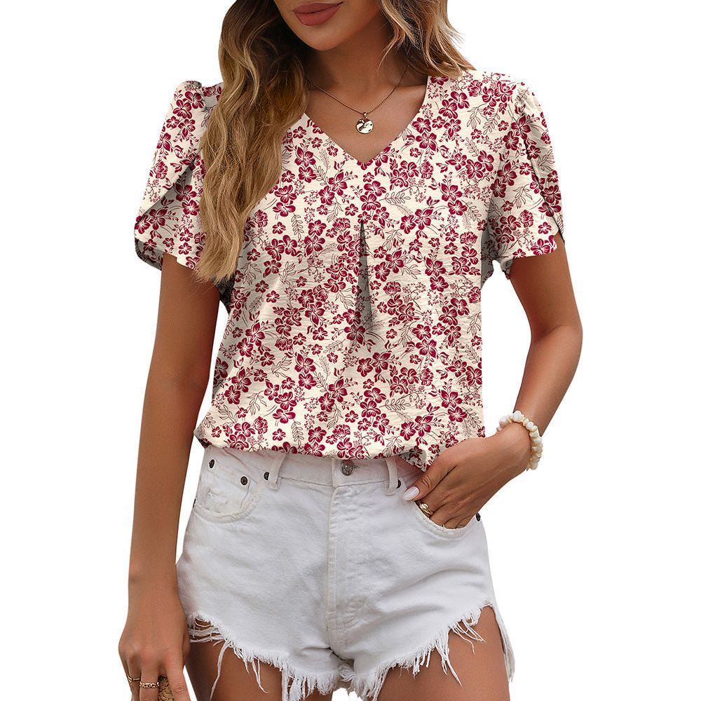 Summer New European And American Women's Clothing Casual V-neck Chiffon Shirt Puffed Sleeves Elegant Clothes - Jointcorp