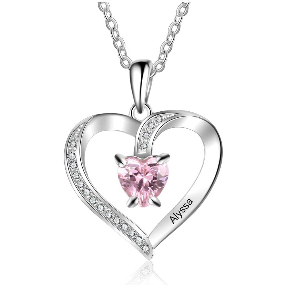 Personalized And Customizable Lettering Name Sterling Silver Heart-shaped Stone Necklace - Jointcorp
