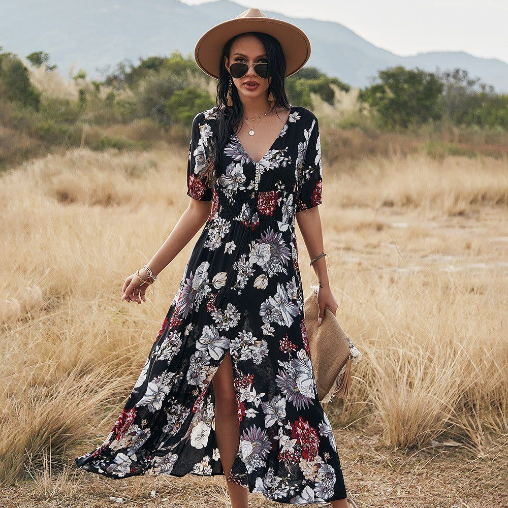 Floral Summer Beach Dress With V Neck Elastic Waist Dresses For Women - Jointcorp