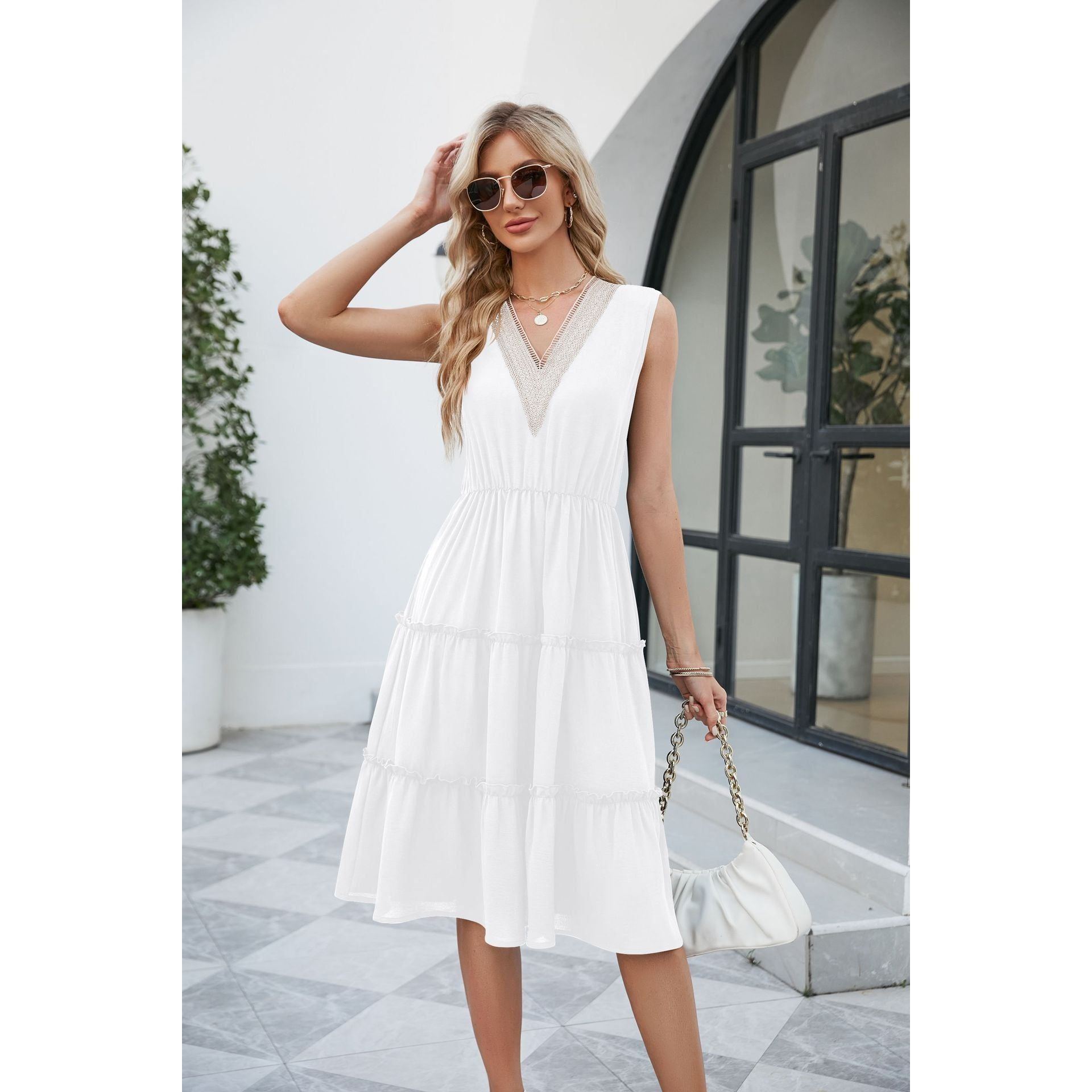 V-neck Dresses Women Sleeveless Pleated Ruffle Elegant Dress Beach Summer - Jointcorp