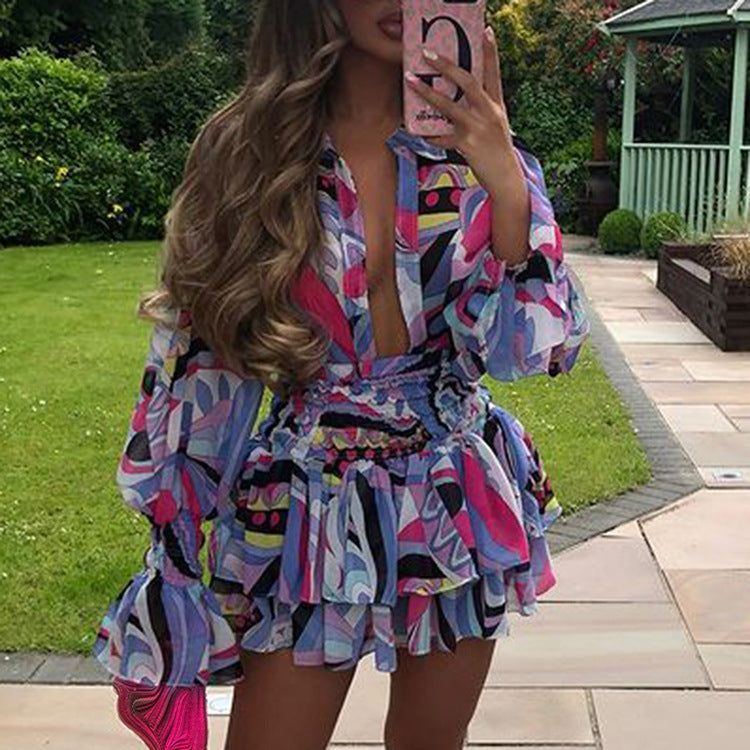 V-neck Printing Temperament Short Dresses For Women - Jointcorp