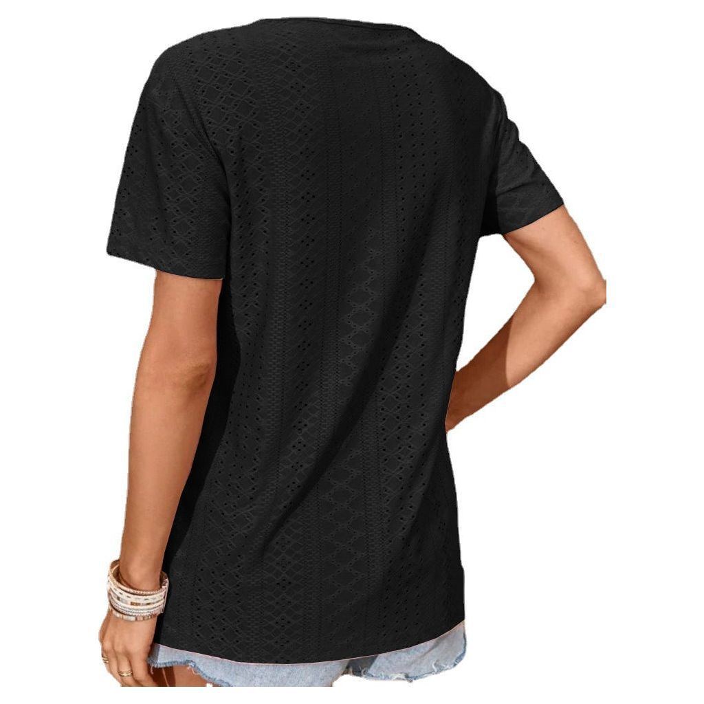 Casual Jacquard Cross Hollow Breathable Loose-fitting T-shirt Top