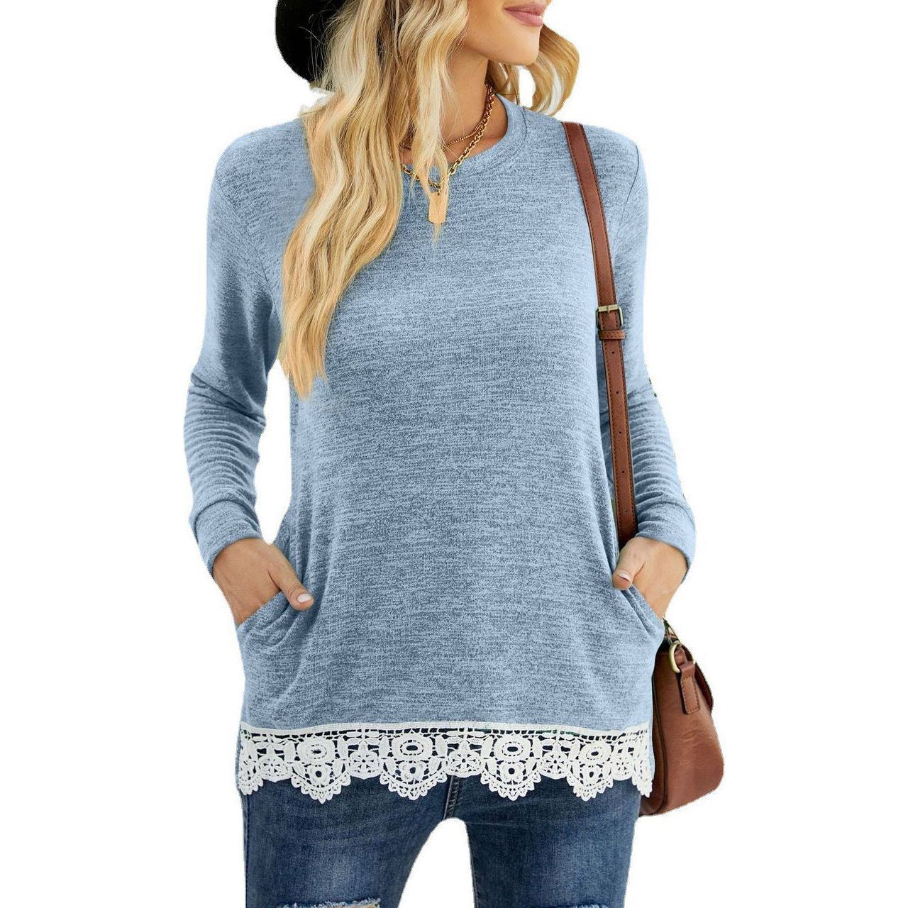 Round Neck Loose Leisure Pullover Pocket T-shirt Lace Stitching Coat