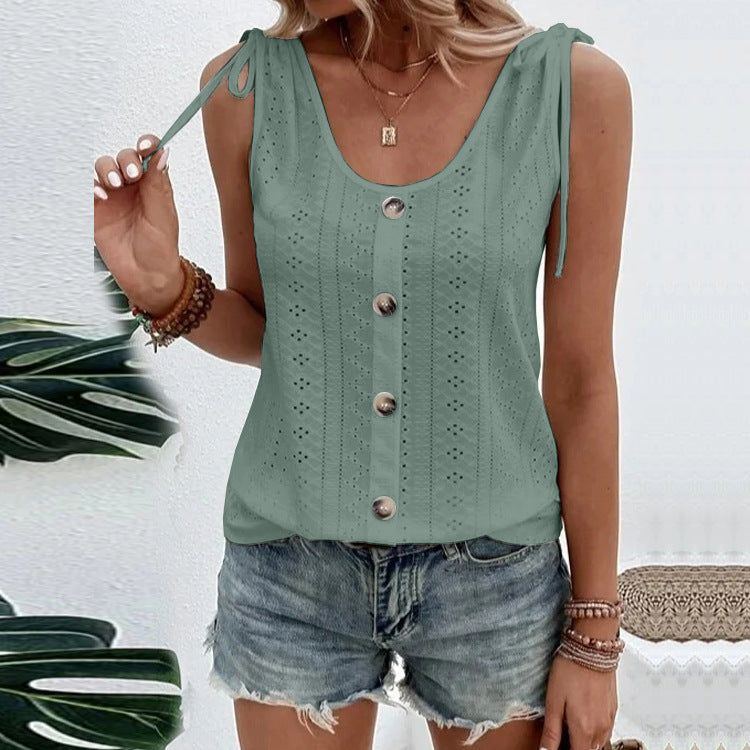 Casual Solid Color U-neck Vest Women Shoulder With Bow Tie Tops Summer T-shirt - Jointcorp