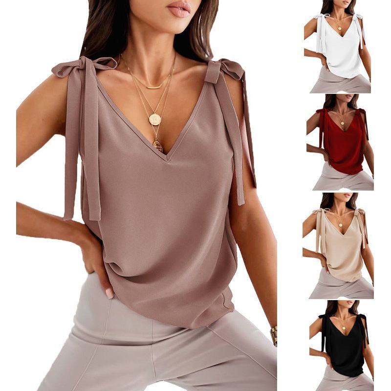Shoulder Lace-up Bow Suspenders Vest Women's Sweet V-neck Top - Jointcorp