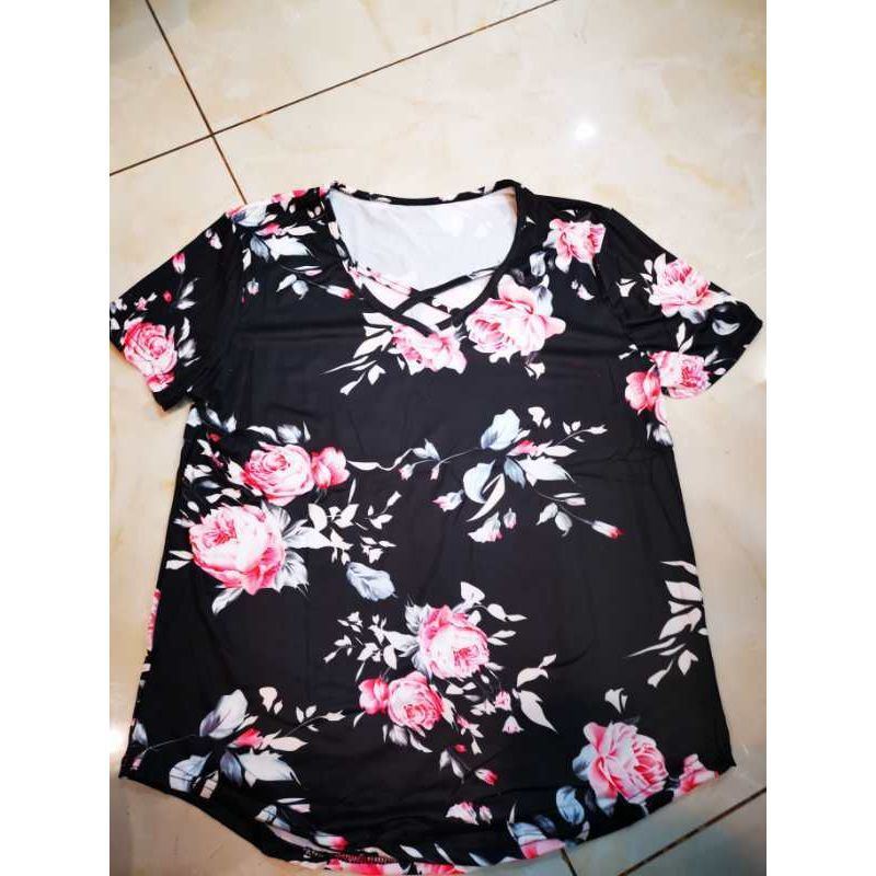 Flower Print Cross Front Short Back Long T-shirt