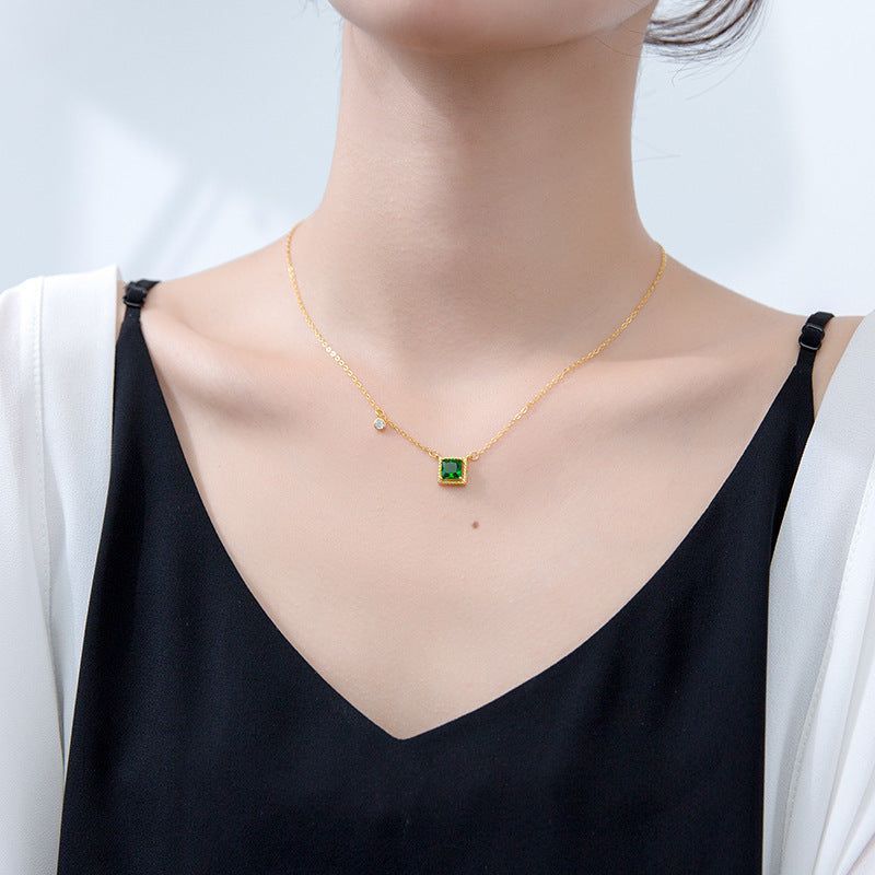 S925 silver set chain female Korean fashion green diamond square pendant temperament personality geometric clavicle chain - Jointcorp