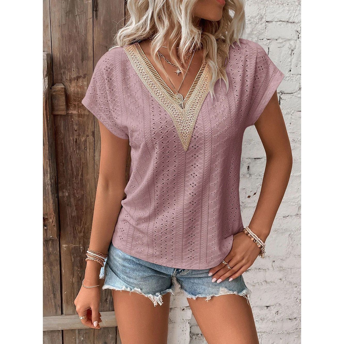 V-neck Lace Patchwork Jacquard T-shirt Loose Ladies