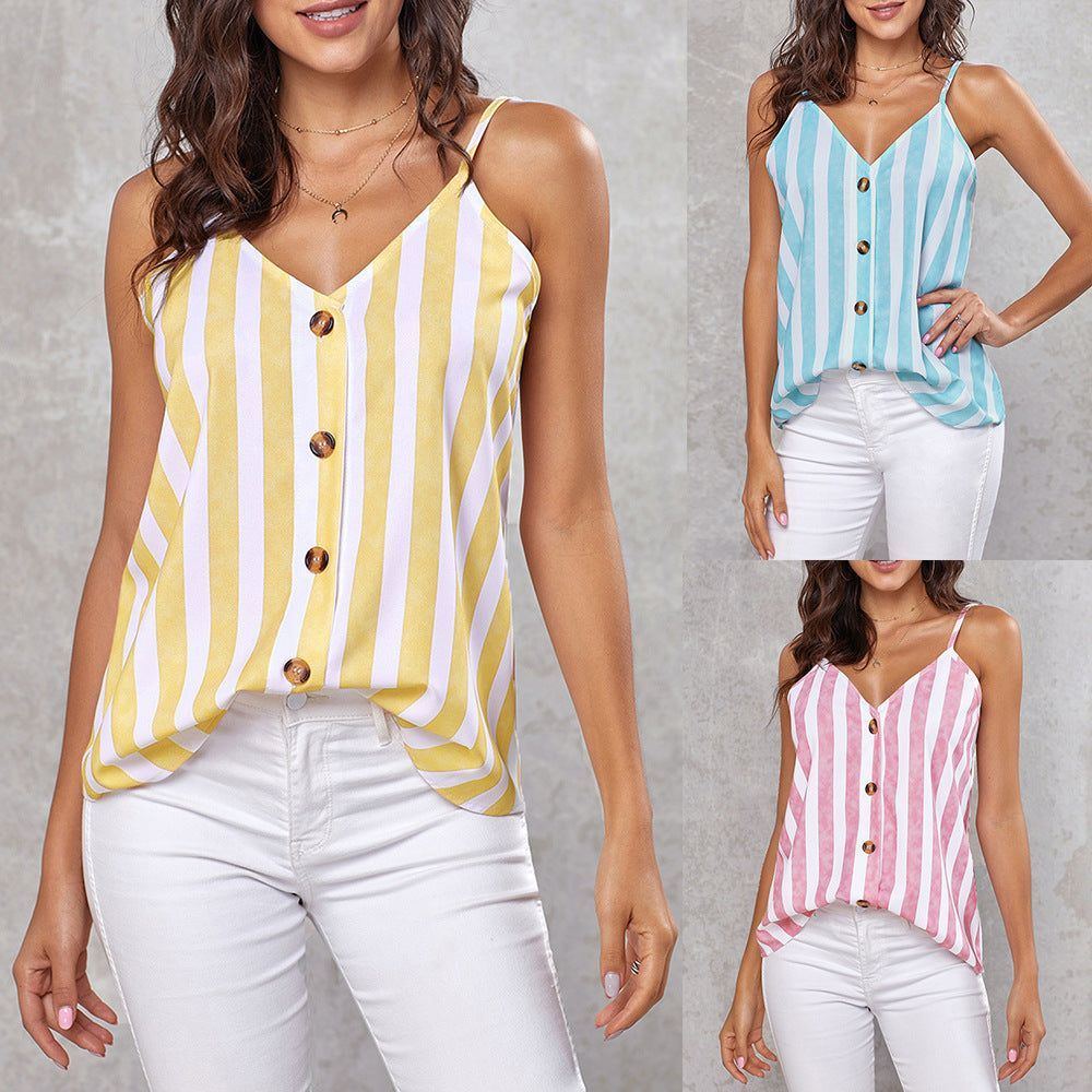 European And American New Striped Vest Women's T-shirt V-neck Single-breasted Sling - Jointcorp