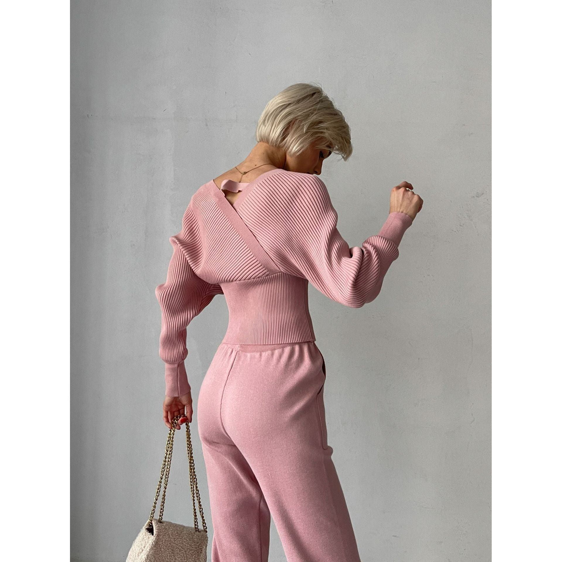 Leaky Shoulder Bat Sleeve V-neck Foreign Style Knitted Sweater Two-piece Set - Jointcorp