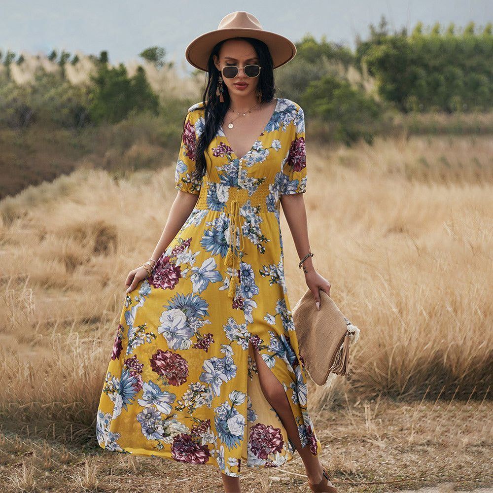 Floral Summer Beach Dress With V Neck Elastic Waist Dresses For Women - Jointcorp