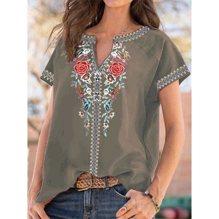 Summer New Ethnic Print Short Sleeve T-shirt Top Women