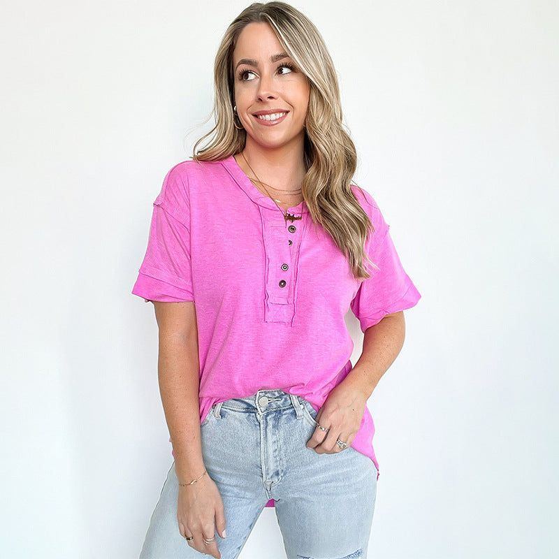 Mid-length Shiying Casual Style Half-open Collar Top