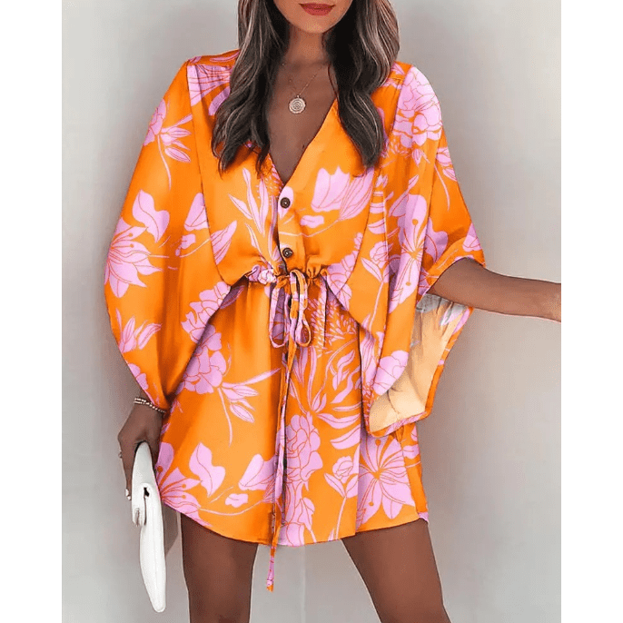 Women's V-Neck Tie Printed Beach Dress