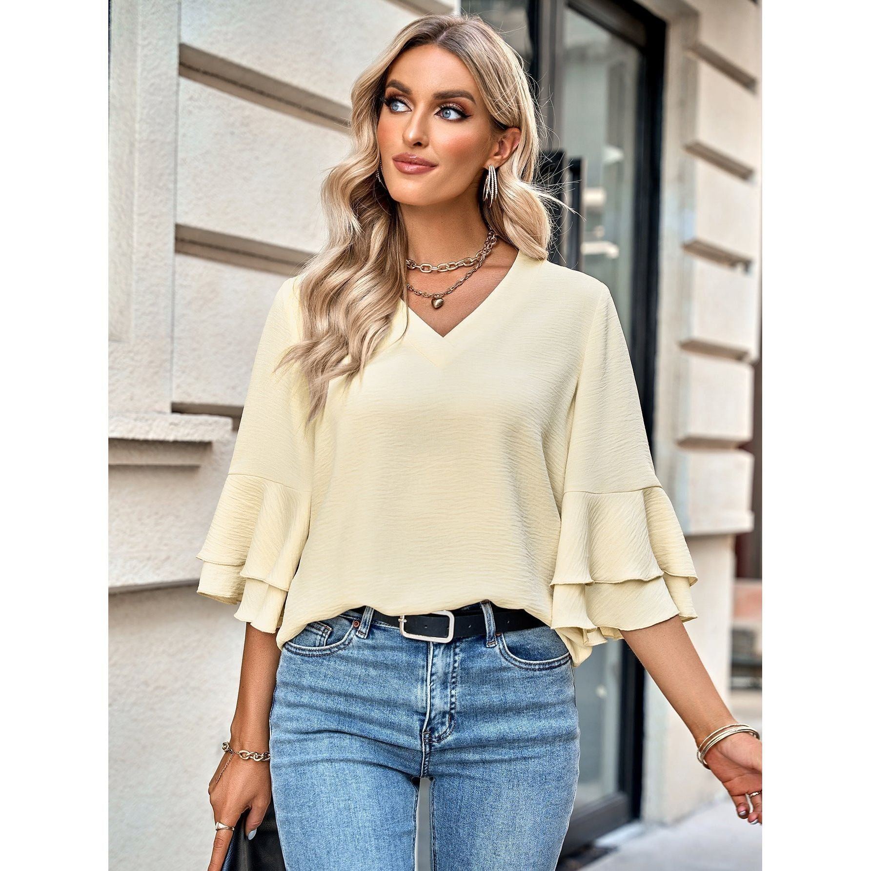 Solid Color Loose V-neck Ruffle Top Women's Clothing