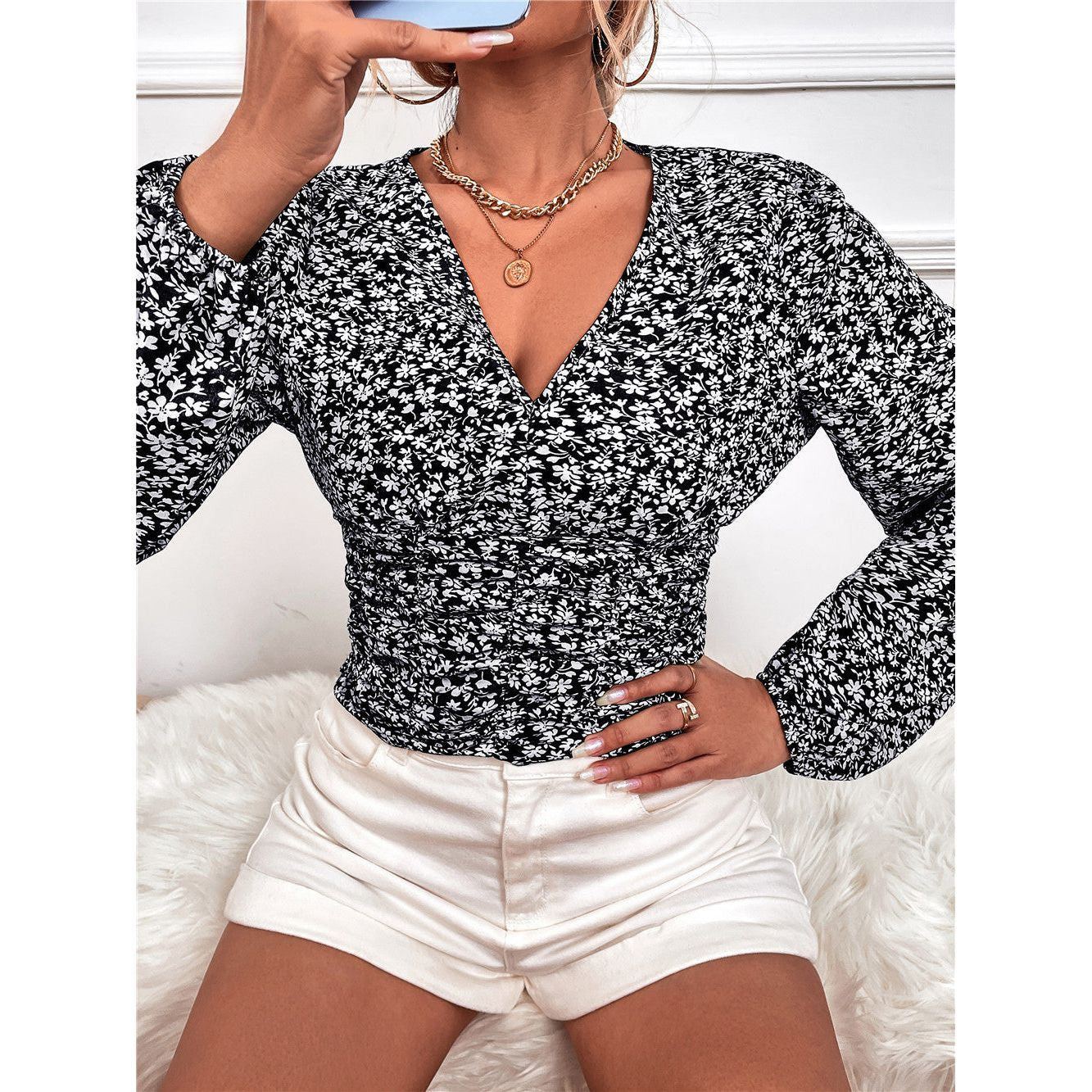 Long Sleeve V Neck Floral Top T Shirt Women