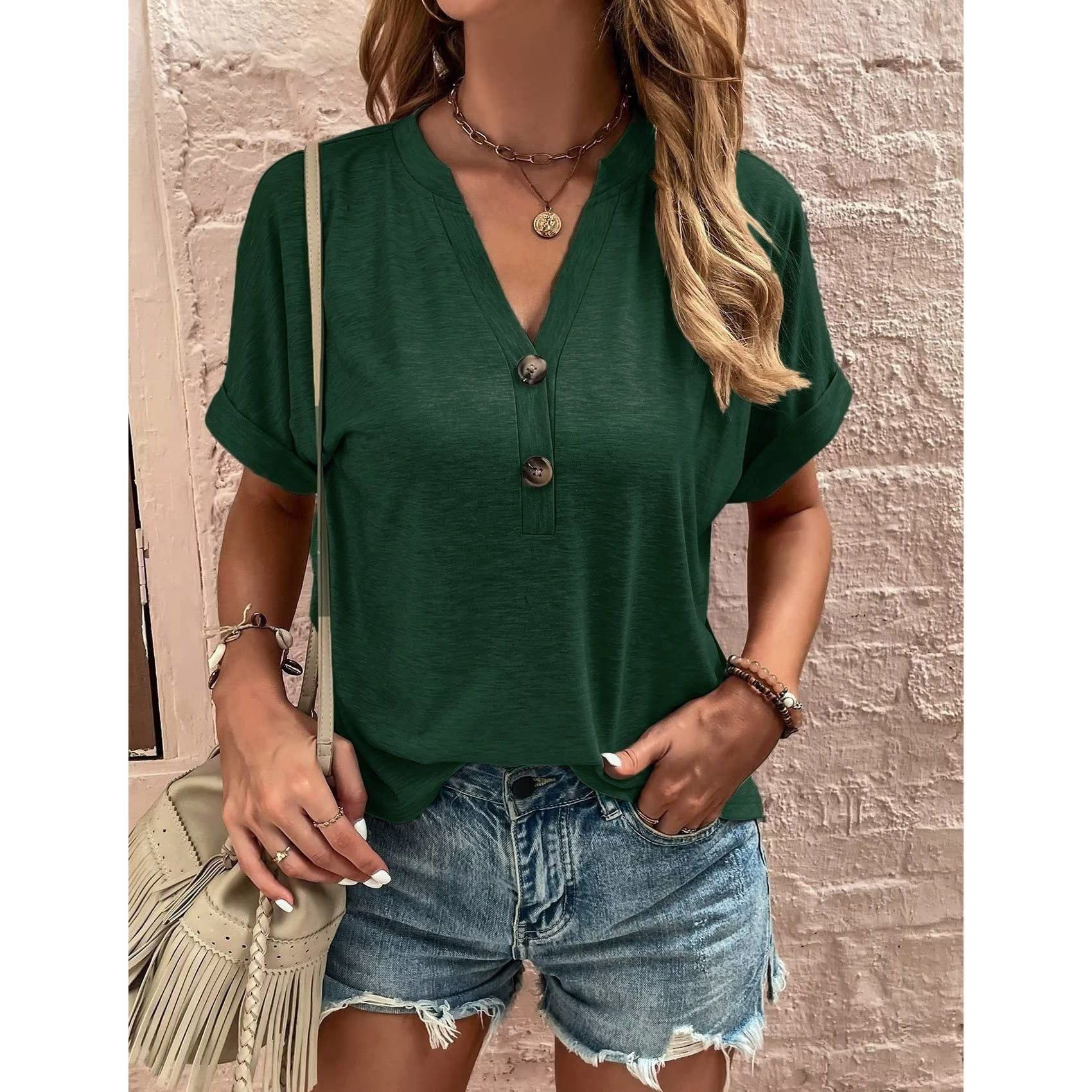 European And American Spring And Summer Solid Color Button Fashion T-shirt