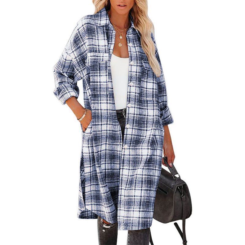 Women's Printed Checks Mid-length Shirt Coat