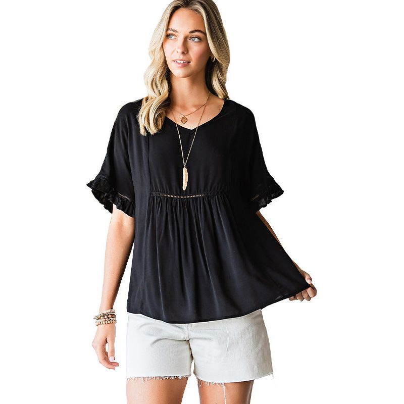 V-neck Ribbon Ruffle Top Women's Short-sleeved Pullover