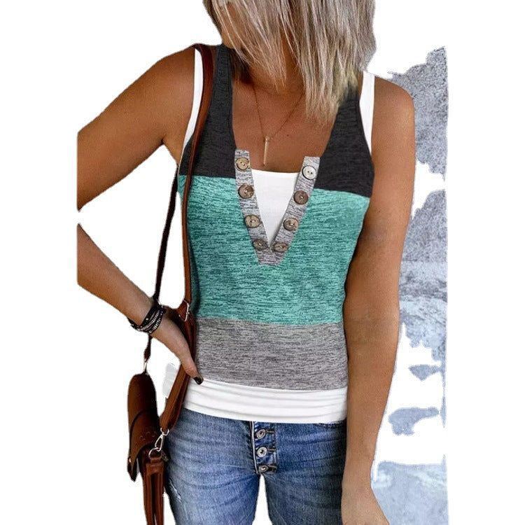 Summer New Contrast Color False Two-piece Suit Women Sleeveless Vest