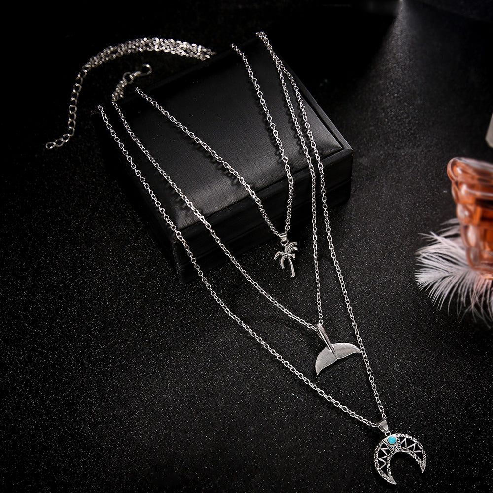 Retro Whale Tail Geometric Moon Turquoise Beach Coconut Necklace - Jointcorp