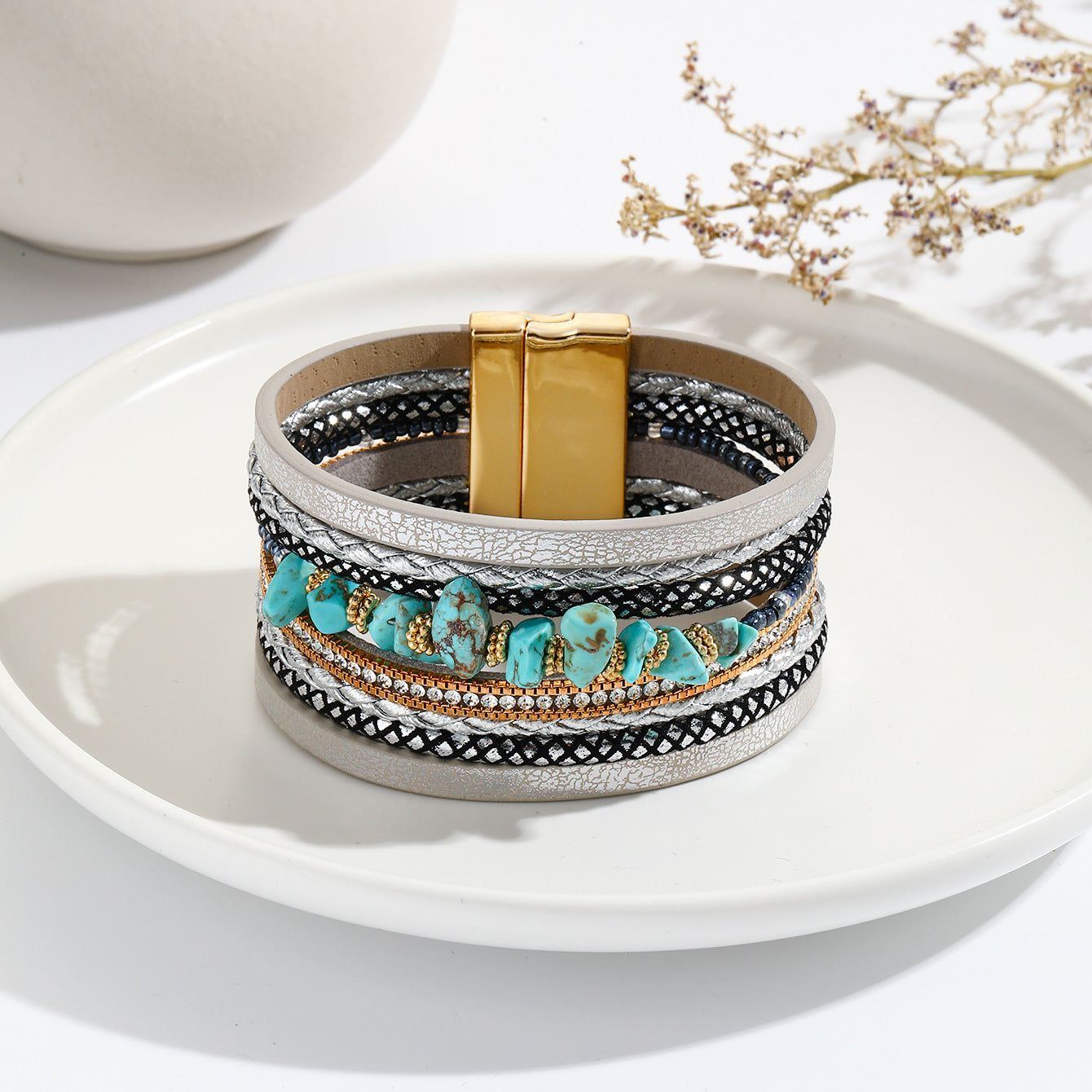 Irregular Turquoise Design Wide-brimmed Leather Bracelet Creative Rhinestone-encrusted - Jointcorp