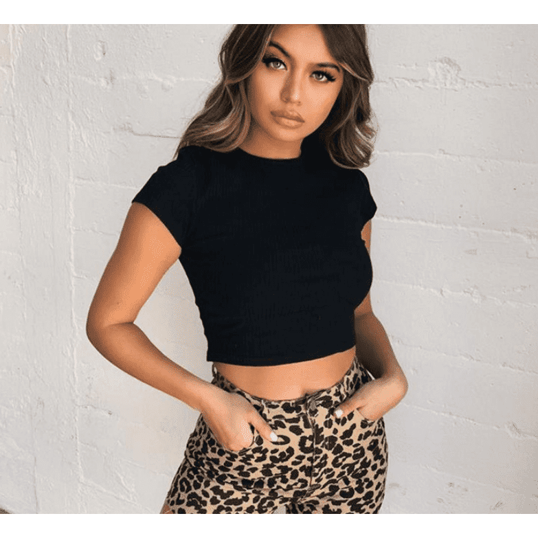 Neon Knitted Tshirt Women O Neck Short Sleeve Tee& Shirts Sexy Crop Top Girls