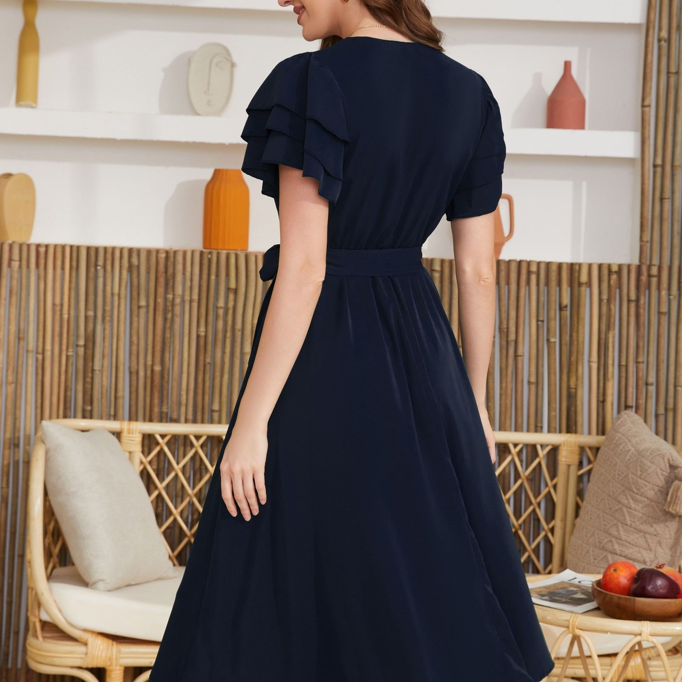 Belted Layered Ruffle Hem Dress, Casual V Neck Short Sleeve Dress, Women's Clothing