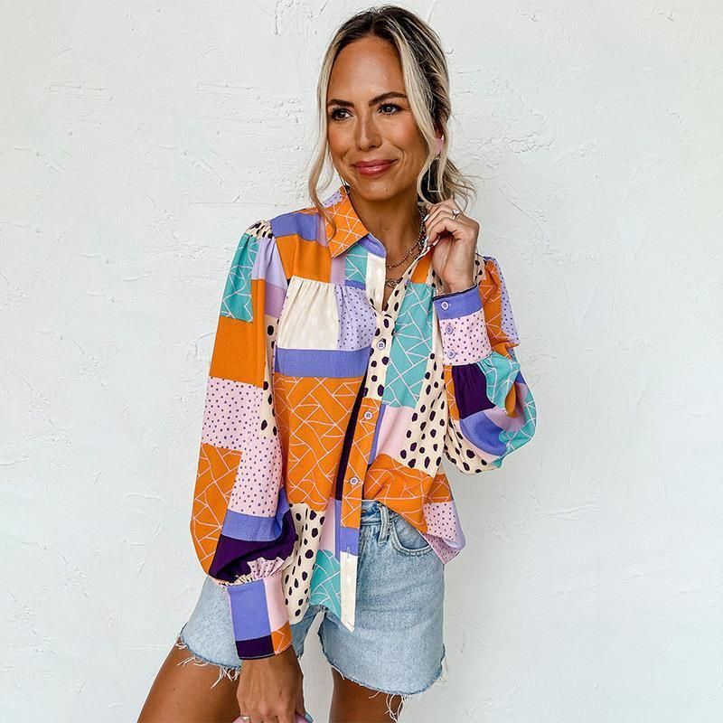 Abstract Geometric Printed Lantern Sleeve Single-breasted Shirt