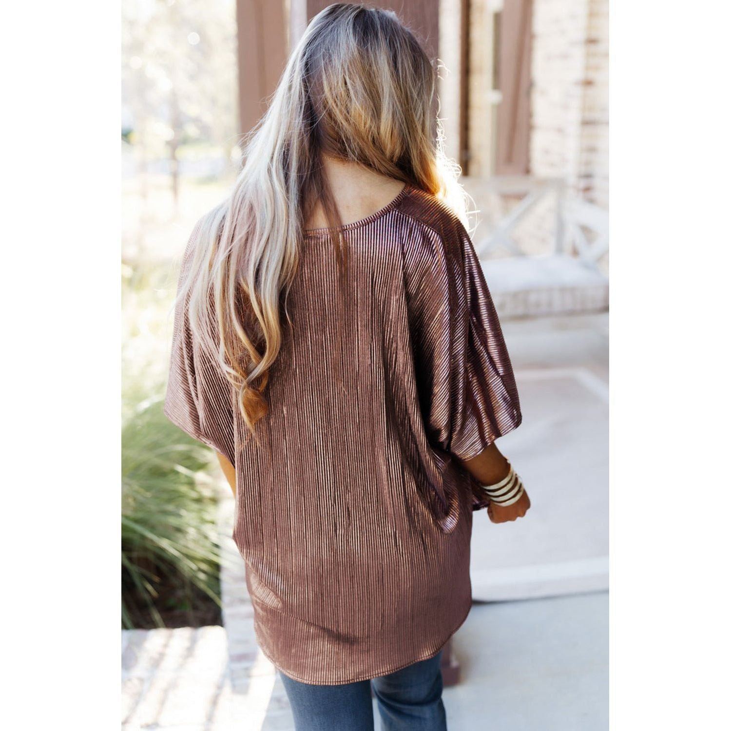 Metal Pullover V-neck Batwing Short Sleeve Top T-shirt