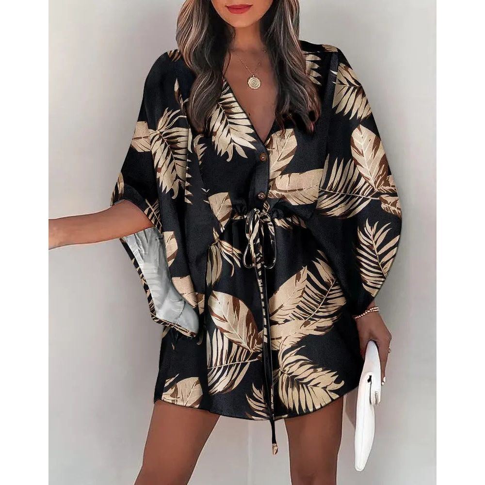Women's V-Neck Tie Printed Beach Dress - Jointcorp