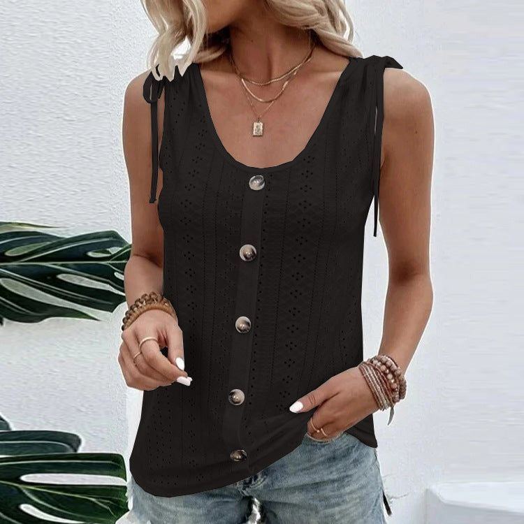 Casual Solid Color U-neck Vest Women Shoulder With Bow Tie Tops Summer T-shirt - Jointcorp