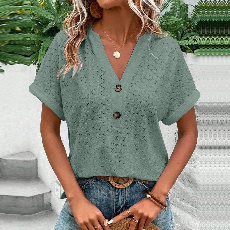 Women's Fashion Casual Solid Color Buttons V-neck T-shirt Women - Jointcorp