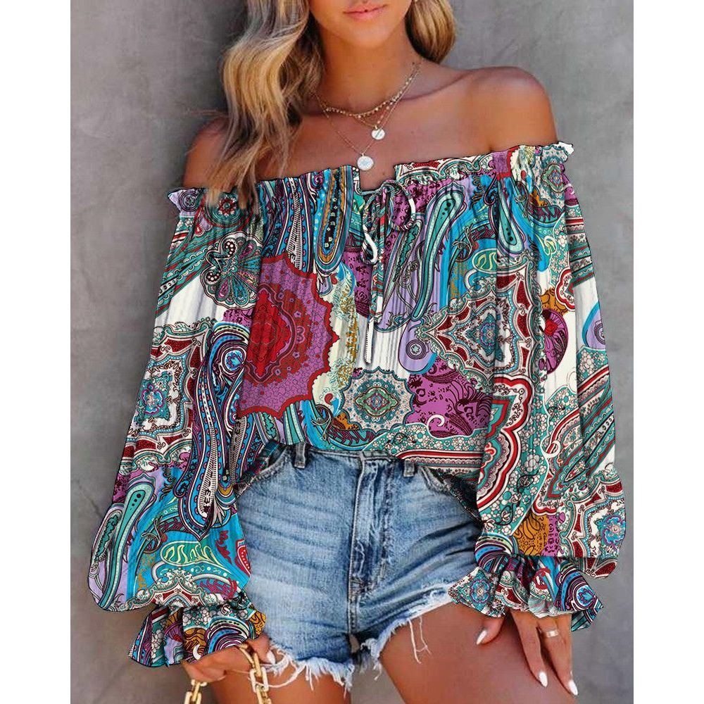 Women's Printed Ruffle Collar Off-the-shoulder Shirt